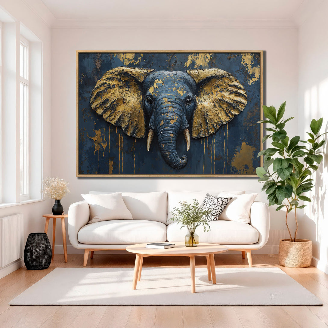 Framed Wall Art: Stunning elephant portrait in blue and gold abstract style. Elevate your space with this captivating Canvas Print.