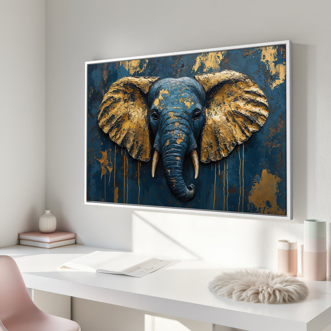 Framed Wall Art: Stunning elephant canvas print in blue and gold. Modern, textured art for your home. Elevate your decor!