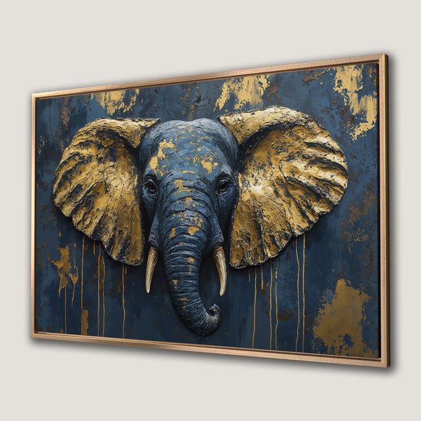 Framed Wall Art: Stunning elephant portrait in gold and navy blue. Textured, modern Canvas Print adds a touch of luxury to any space. Shop now!