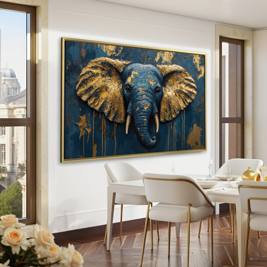 Canvas Print of an elephant with gold accents, displayed in a luxurious interior. Features a dark blue and gold color palette, perfect for adding a touch of elegance.