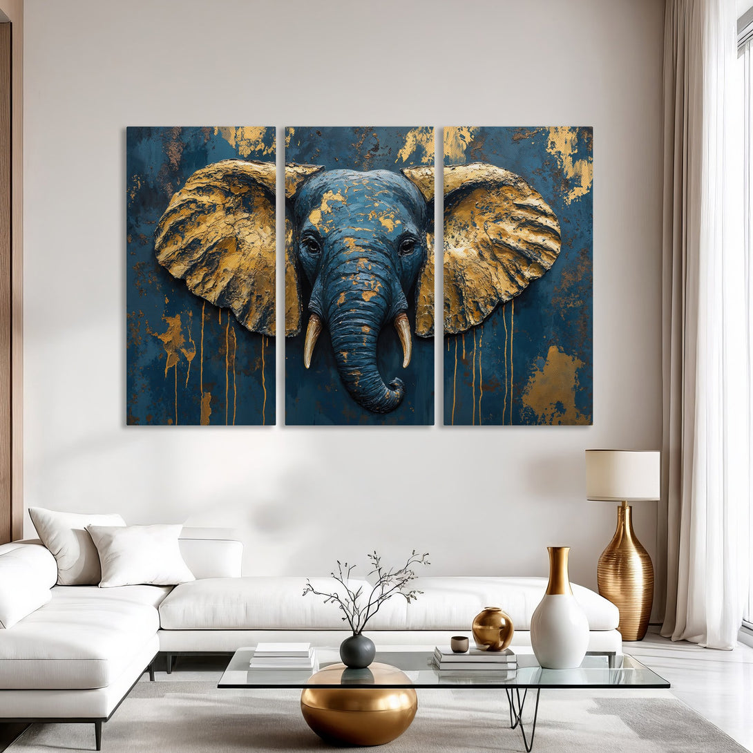 Canvas Print of an elephant head, abstract style, in a striking blue and gold color palette. Perfect wall art for a modern interior.
