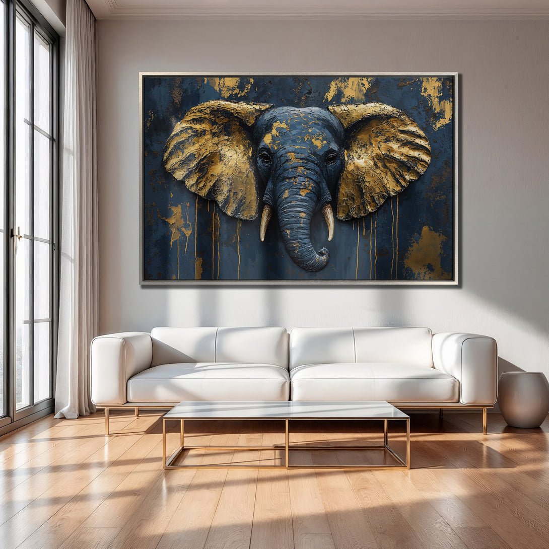 Framed Wall Art: Majestic elephant head in gold and navy blue, adding a touch of luxury to your home decor. Modern art for any space.
