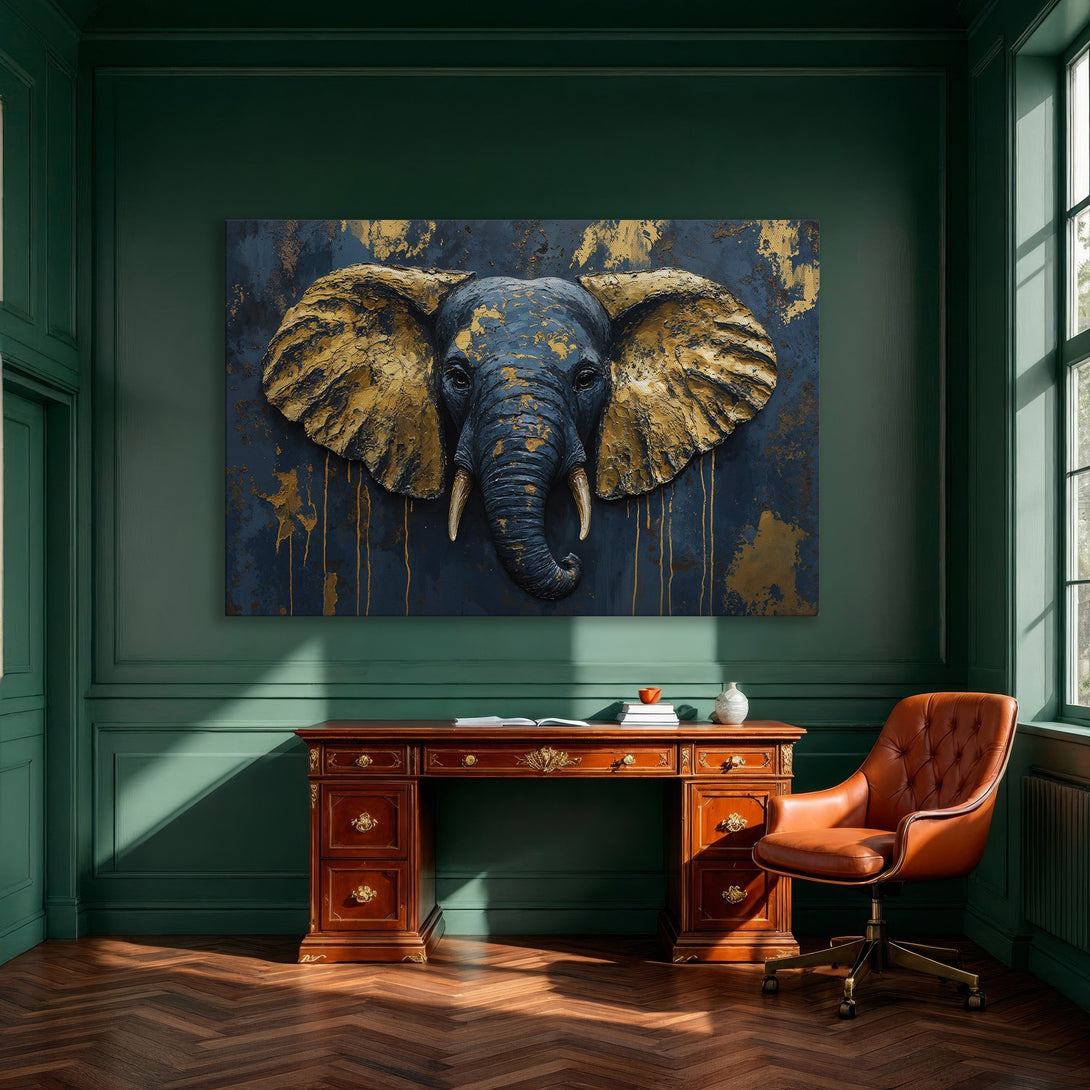 Framed Wall Art: Elegant elephant canvas print in blue and gold, a stunning statement piece for your home decor.