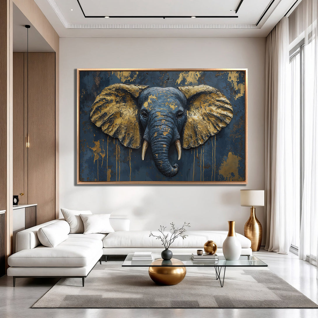 Framed Wall Art: Stunning elephant portrait in blue & gold, perfect for modern interiors. Textured, artistic style, adding a touch of luxury.