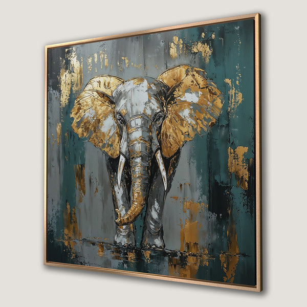 Framed Wall Art: Abstract elephant painting with gold accents on a teal and gray background. Stunning modern art for your home decor.