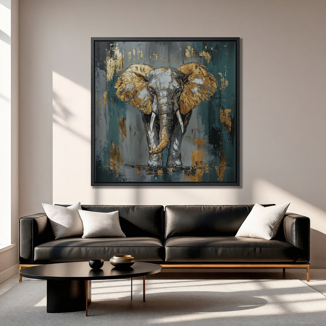 Framed Wall Art: Abstract elephant painting in teal, gold, and gray. Modern decor for living room. Add a touch of luxury to your space.