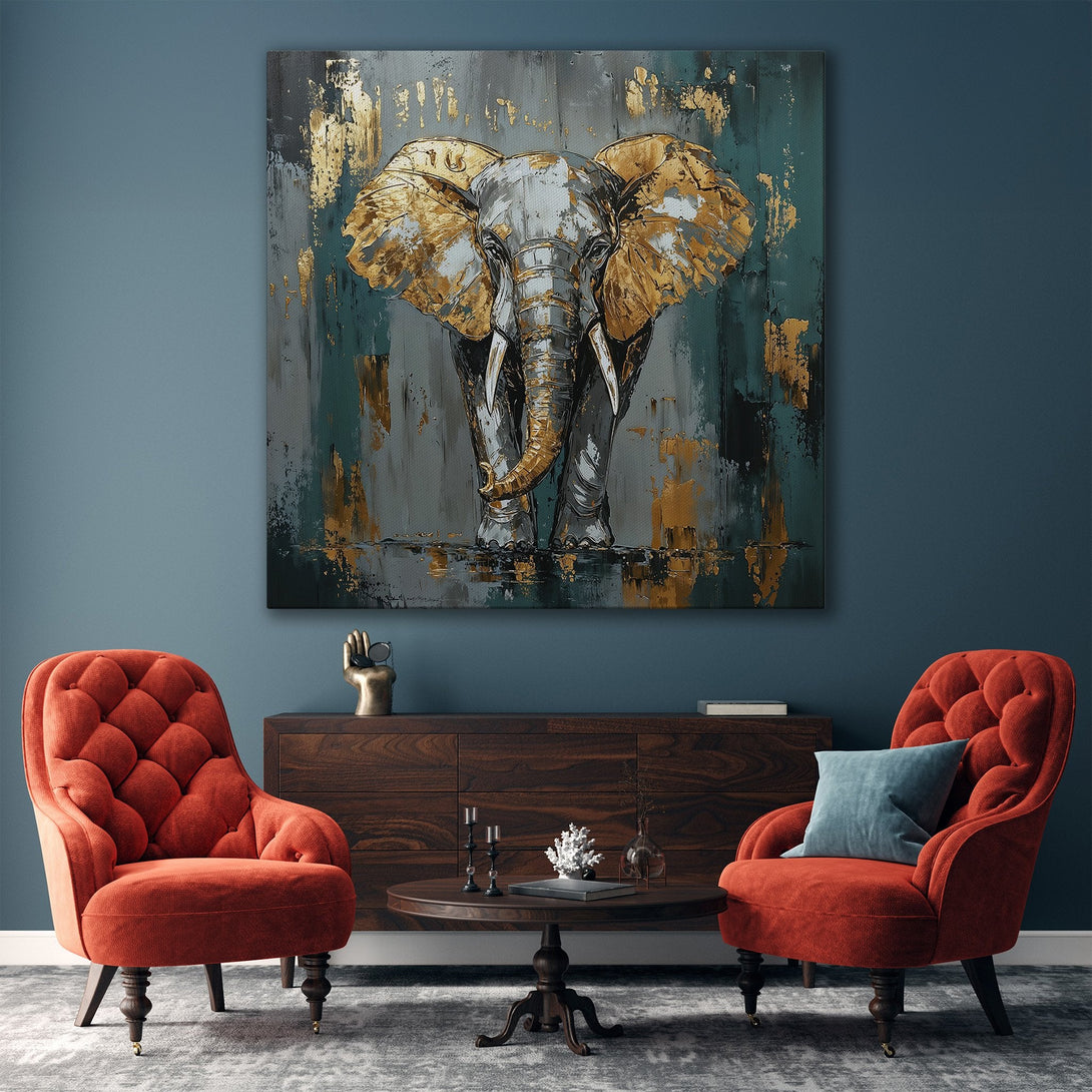 Framed Wall Art: Abstract elephant painting with gold accents on teal background. Modern decor in a living room. Enhance your space with this stunning artwork!