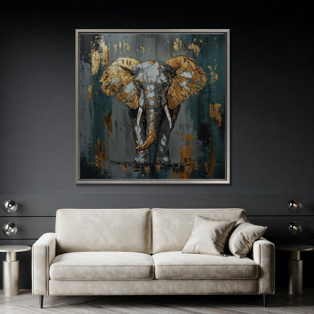 Framed Wall Art: Abstract elephant painting with gold accents. Modern style, dark teal and gold color palette. Perfect for living room decor.