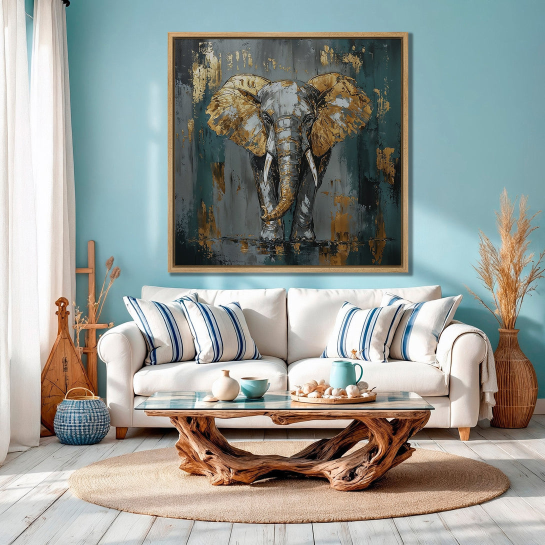 Framed Wall Art: Abstract elephant painting in gold, gray, and teal. Modern canvas print adds a touch of luxury to any living room decor.