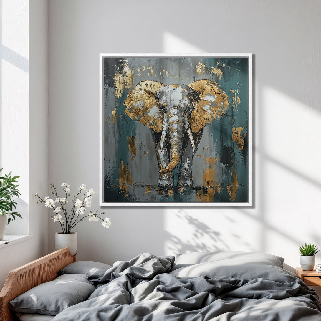 Framed Wall Art: Abstract elephant painting in gold, gray, and teal. Modern decor for bedroom. Add a touch of elegance to your space!