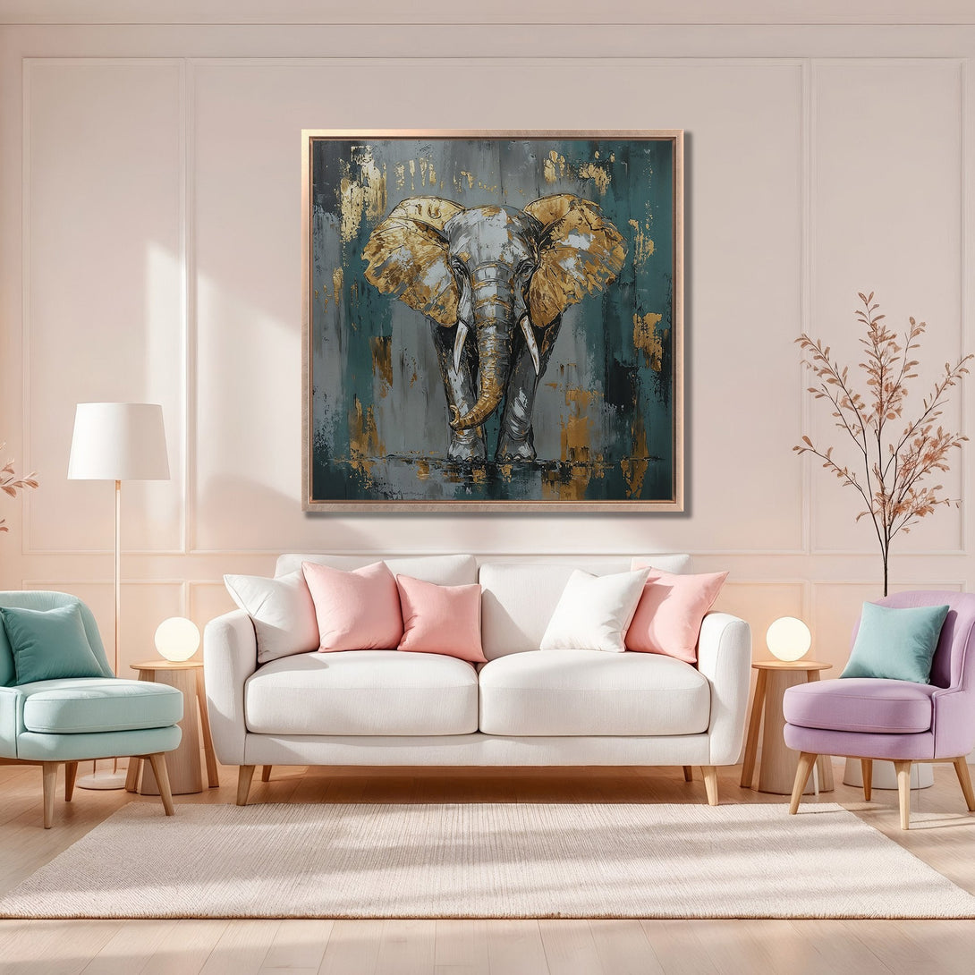 Framed Wall Art: Abstract elephant painting in teal & gold, displayed in a modern living room. Enhance your space with this stylish Canvas Print!
