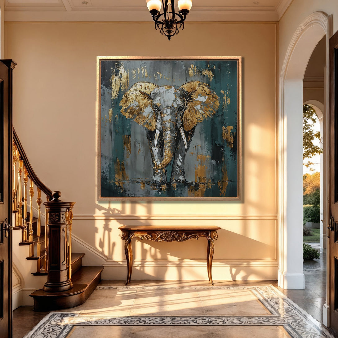 Framed Wall Art: Majestic elephant canvas print with gold accents. Teal, gold, and gray color palette. Elevate your space with this stunning artwork.