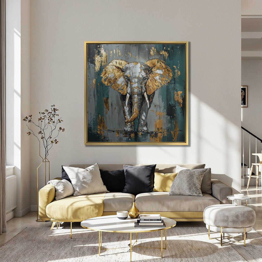 Canvas Print of an elephant in an abstract style, featuring gold and teal accents. Perfect for modern home decor.