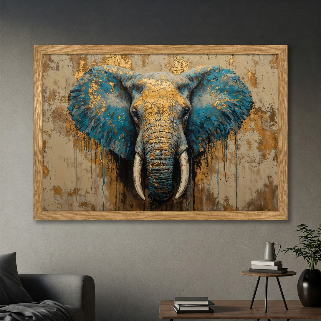 Framed Poster featuring an abstract elephant, with blue, gold, and neutral tones. Modern art print for home decor.