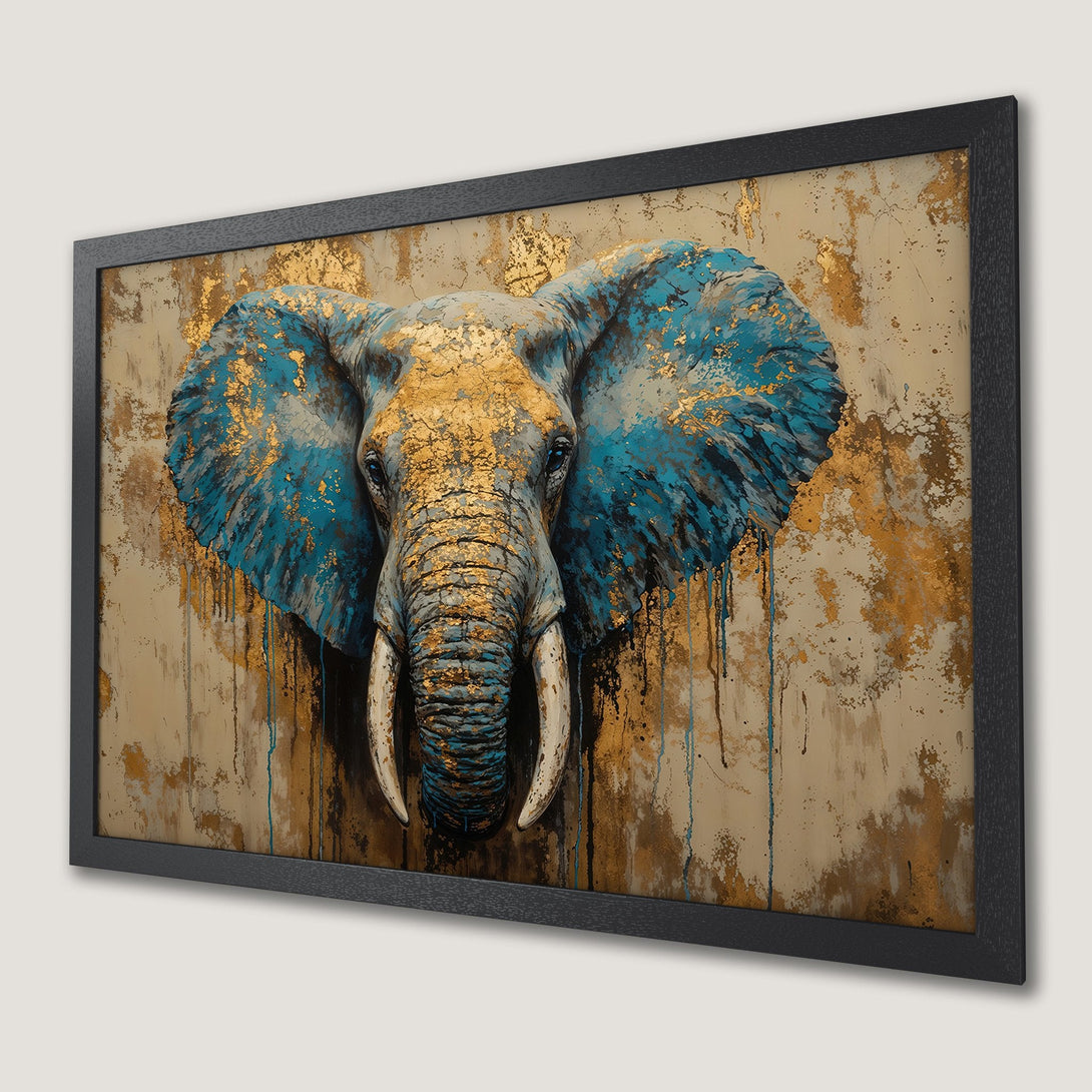 Framed Poster featuring an elephant head in a modern, abstract style with blue, gold, and beige tones. Perfect wall art!