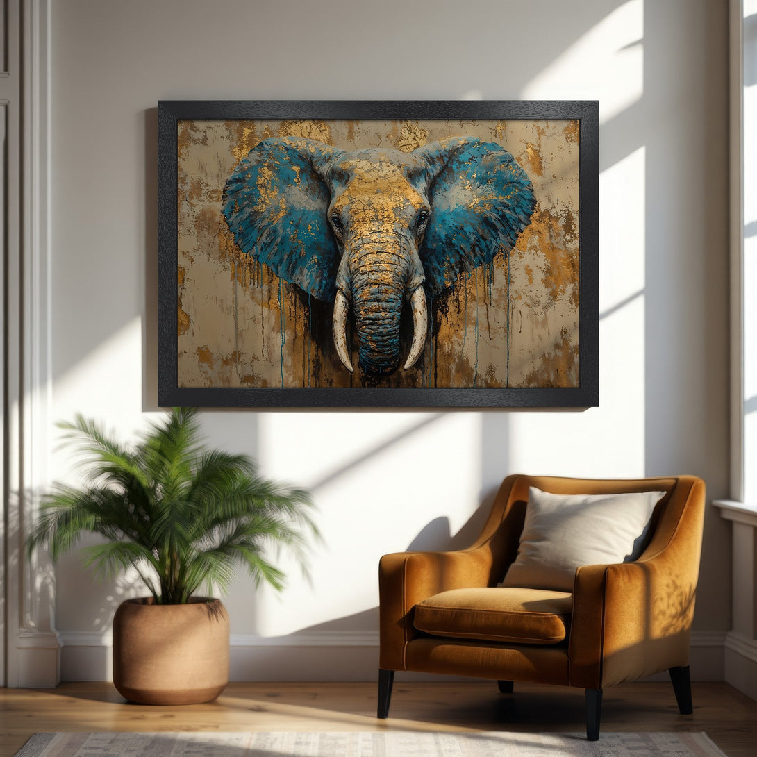 Framed Poster featuring an elephant in a modern, abstract style. Gold, blue, and beige color palette. Perfect wall art for any room.