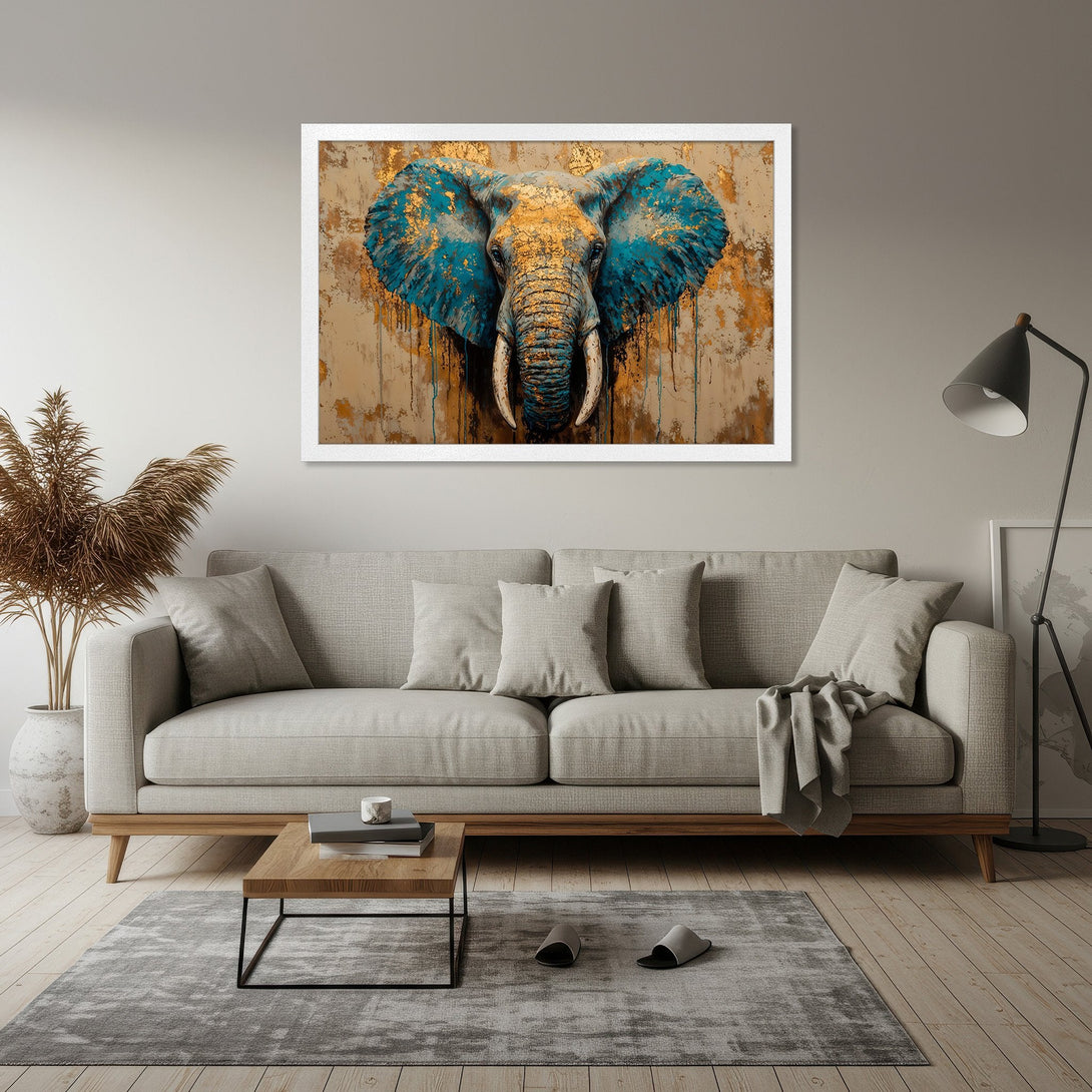 Framed Poster of an elephant with blue and gold accents. Modern art style, warm earthy tones. Perfect wall decor.