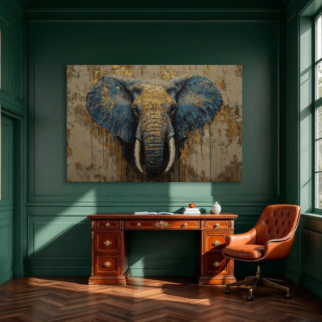 Framed Wall Art: Abstract elephant painting with teal and gold accents. Modern canvas print for dining room decor.