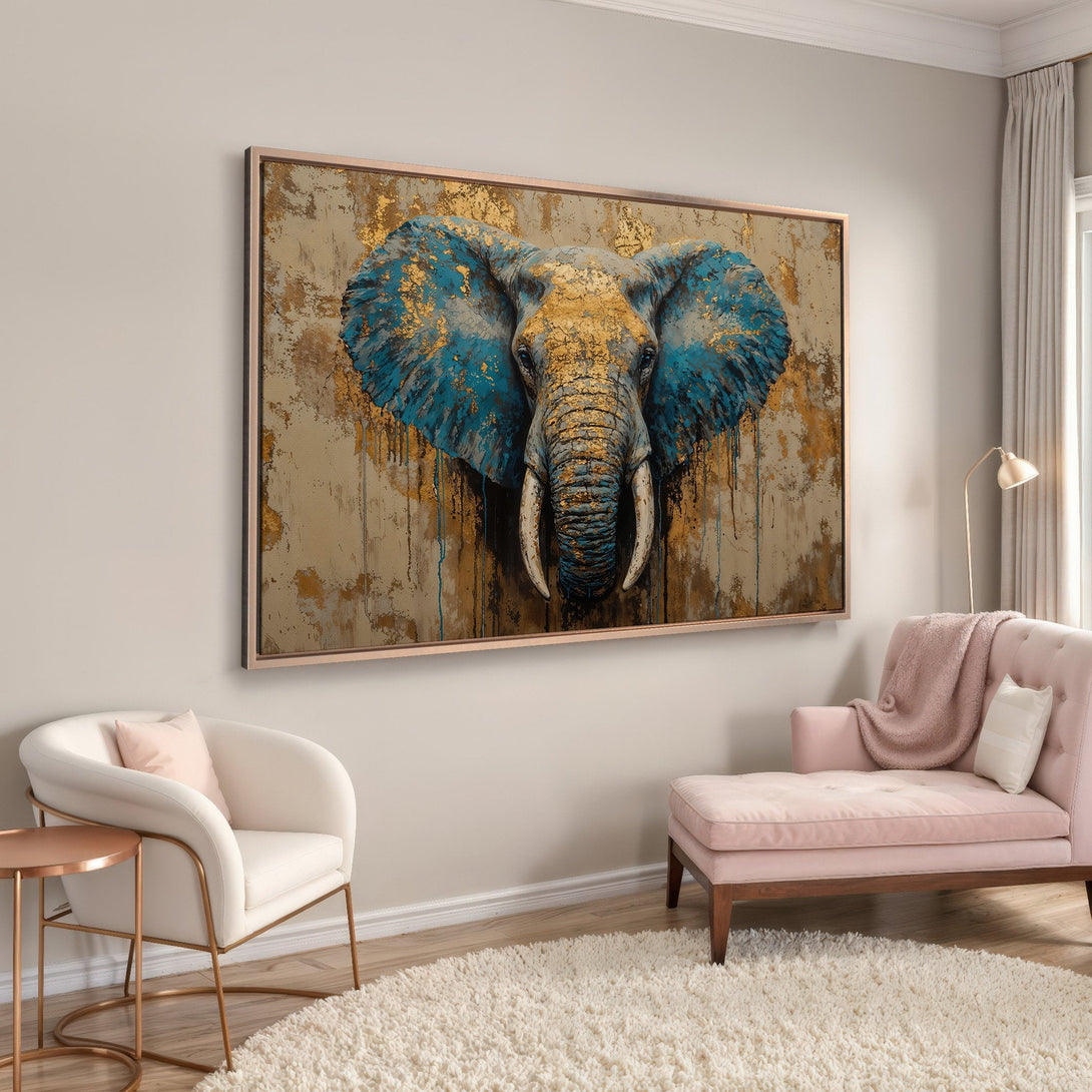 Framed Wall Art: Abstract elephant portrait in blue, gold, and beige. Modern art canvas print adds a touch of elegance to any interior.