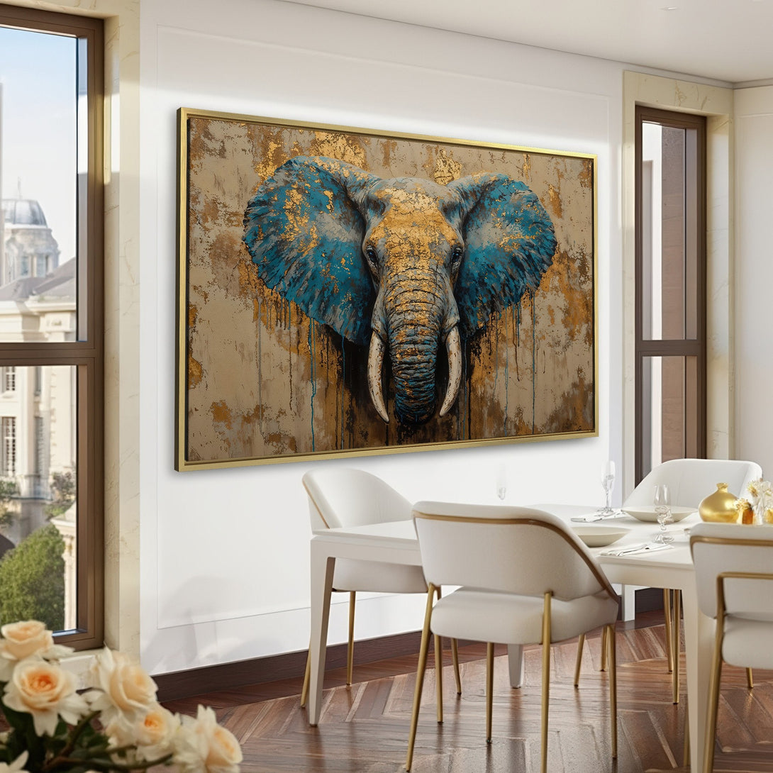 Abstract elephant Canvas Print in blue, gold, and beige tones. Modern art for home decor. Adds a touch of luxury to any room.