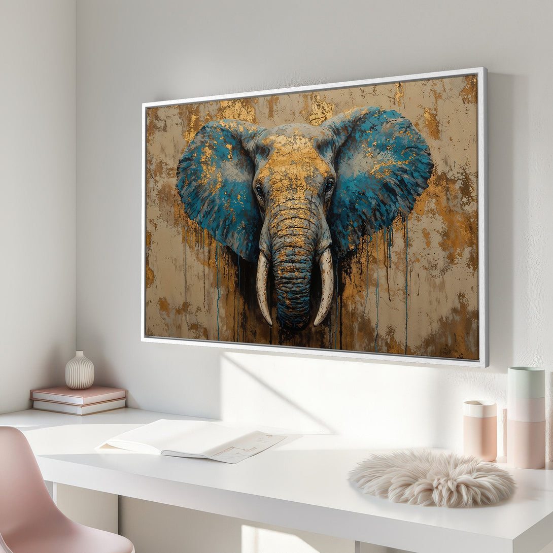 Framed Wall Art: Stunning elephant portrait in teal and gold. Modern, abstract style canvas print adds elegance to any room.