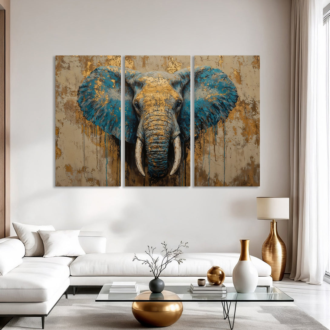Abstract elephant Canvas Print in blue, gold, and neutral tones. Modern art for your home decor.