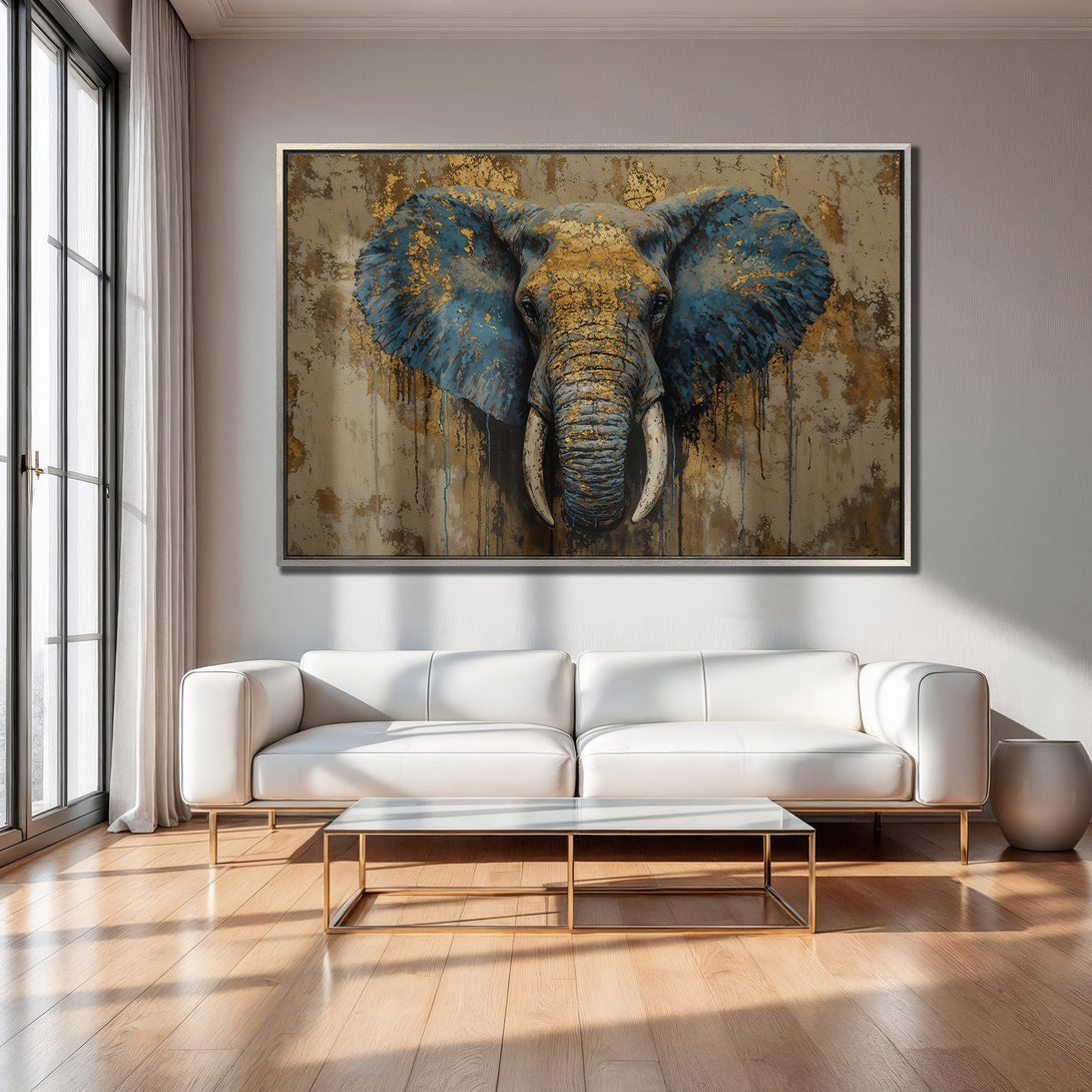 Framed Wall Art: Stunning elephant portrait in blue and gold, adding a touch of modern art to your living room. Shop now for unique wall decor!
