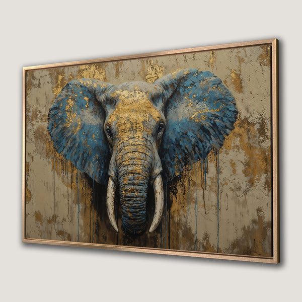 Framed Wall Art: Stunning elephant portrait in blue & gold abstract style. Add a touch of luxury to your space with this beautiful Canvas Print.