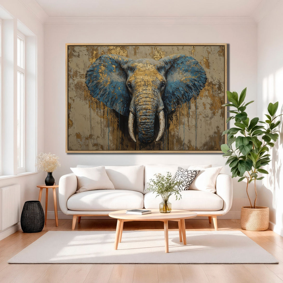 Framed Wall Art featuring an elephant portrait in blue and gold tones. Modern abstract style perfect for living room decor, adding a touch of elegance.