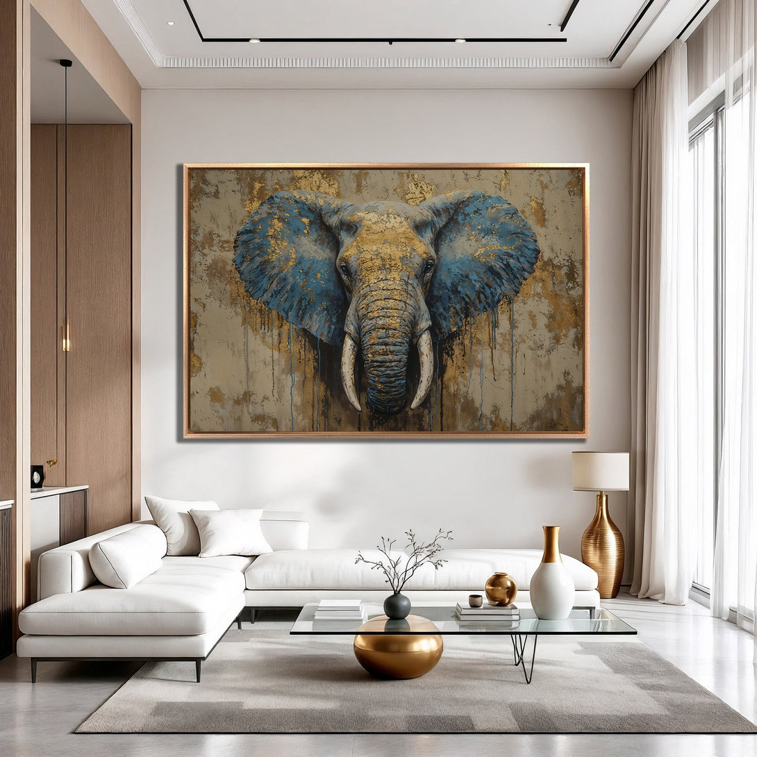 Framed Wall Art: Stunning elephant portrait in blue and gold tones. Modern abstract style, perfect for living room decor. Enhance your space with this art piece.