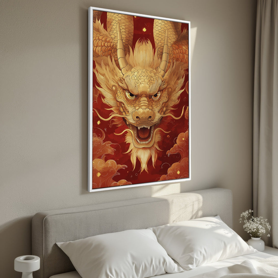 Framed Wall Art: Majestic golden dragon art print on red background. Perfect for adding a touch of Asian-inspired decor to your bedroom.