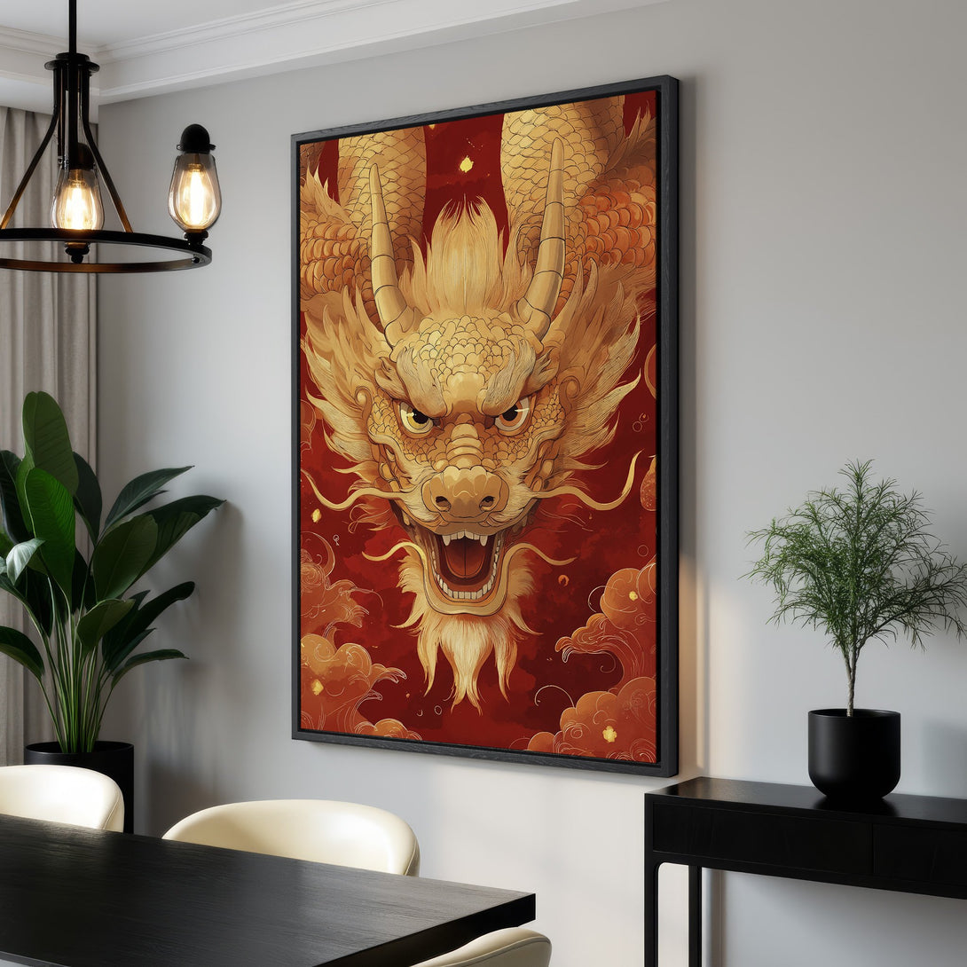 Framed Wall Art featuring a golden dragon on a red background. Enhance your space with this striking, Asian-inspired canvas print. A bold statement piece!
