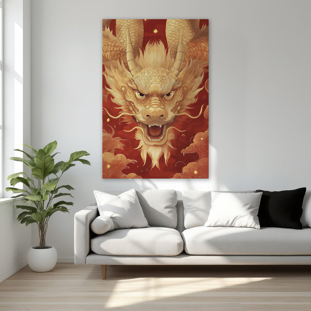 Framed Wall Art: Majestic golden dragon canvas print with a vibrant red backdrop. Perfect for adding a touch of Asian-inspired art to your home decor.