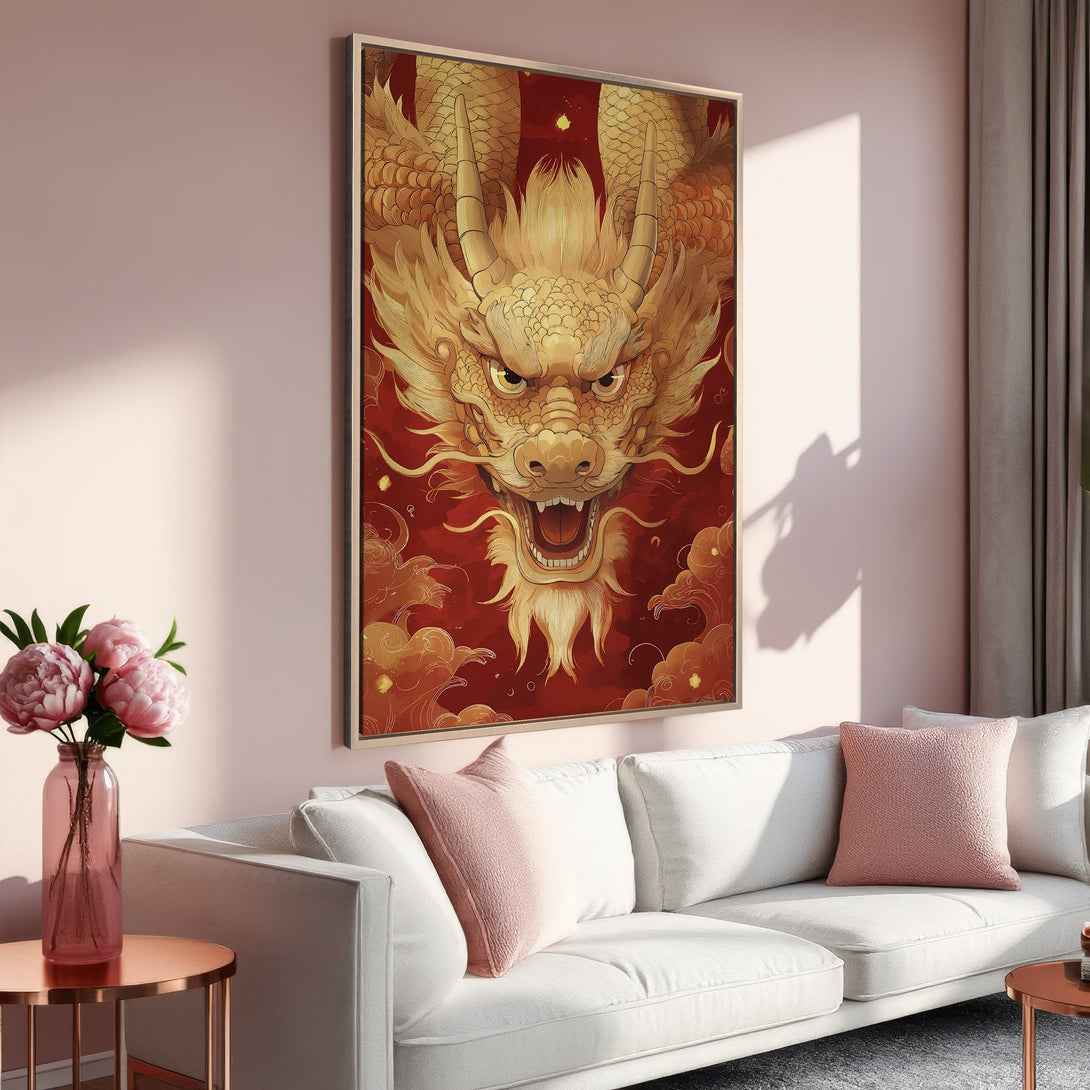 Framed Wall Art: Majestic golden dragon canvas print in a red and gold color palette. Perfect for adding a touch of Asian-inspired elegance to your home decor.