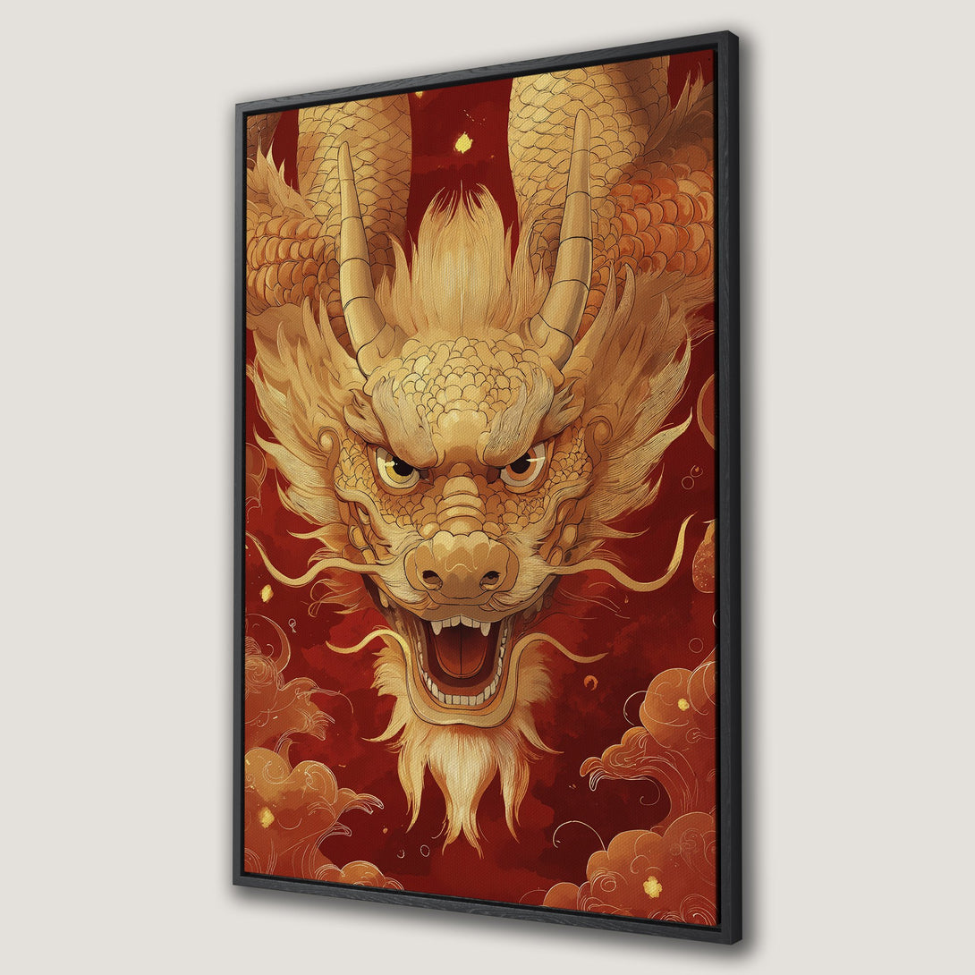 Framed Wall Art featuring a golden dragon illustration on a red background.  Asian-inspired art in warm, earthy tones.  Perfect for adding a touch of culture.