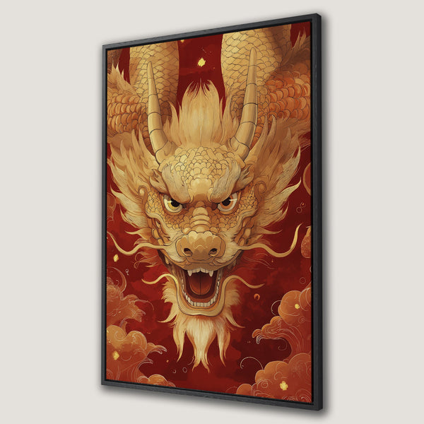 Framed Wall Art featuring a golden dragon illustration on a red background.  Asian-inspired art in warm, earthy tones.  Perfect for adding a touch of culture.