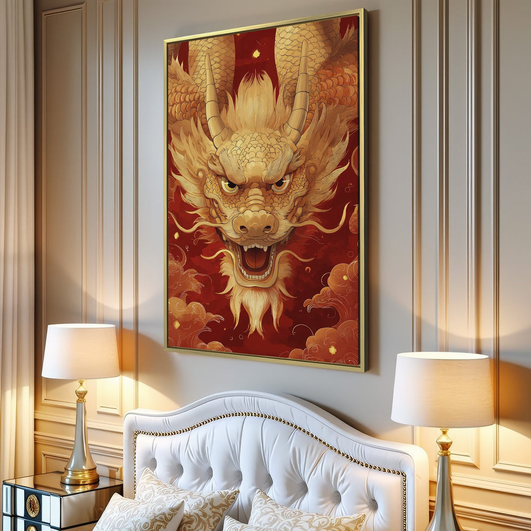 Canvas Print featuring a golden dragon on a red background. Asian-inspired wall art adds a bold statement to any space.