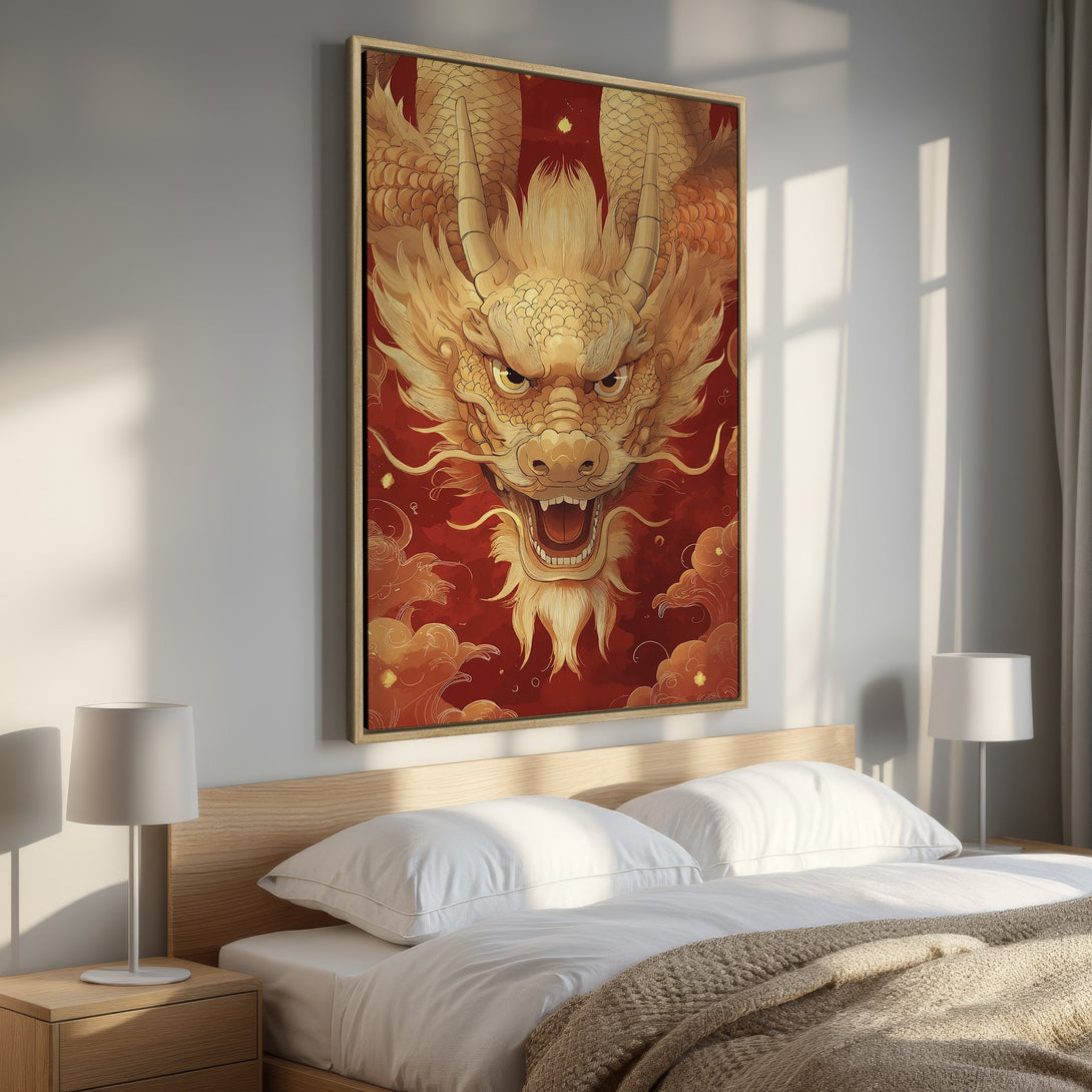Framed Wall Art: Majestic golden dragon canvas print in a bedroom. Rich red and gold color palette adds a touch of Asian-inspired elegance.