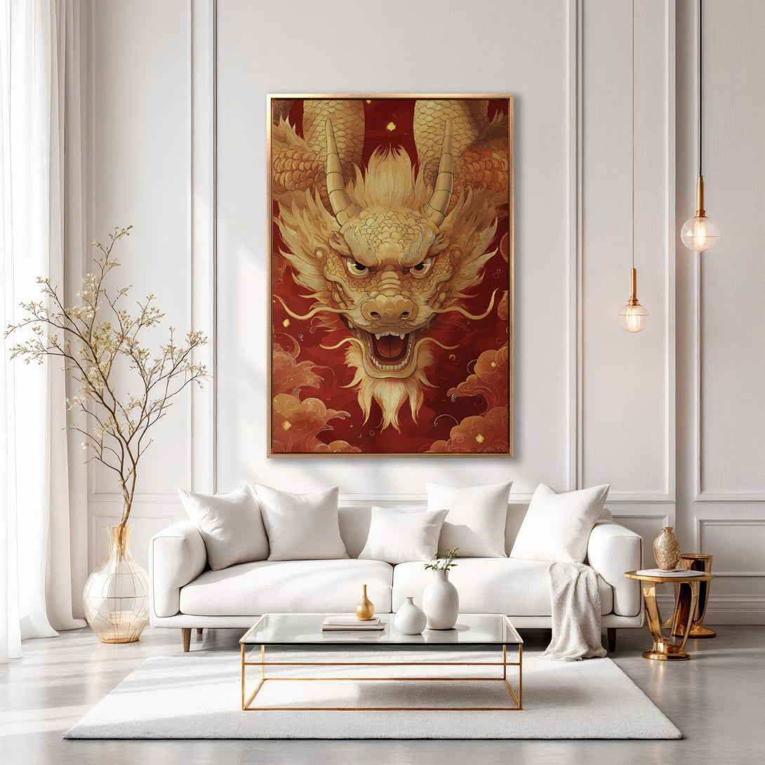 Framed Wall Art: Golden dragon canvas print in a modern interior. Featuring a red and gold color palette, this artwork adds a touch of Asian-inspired elegance.