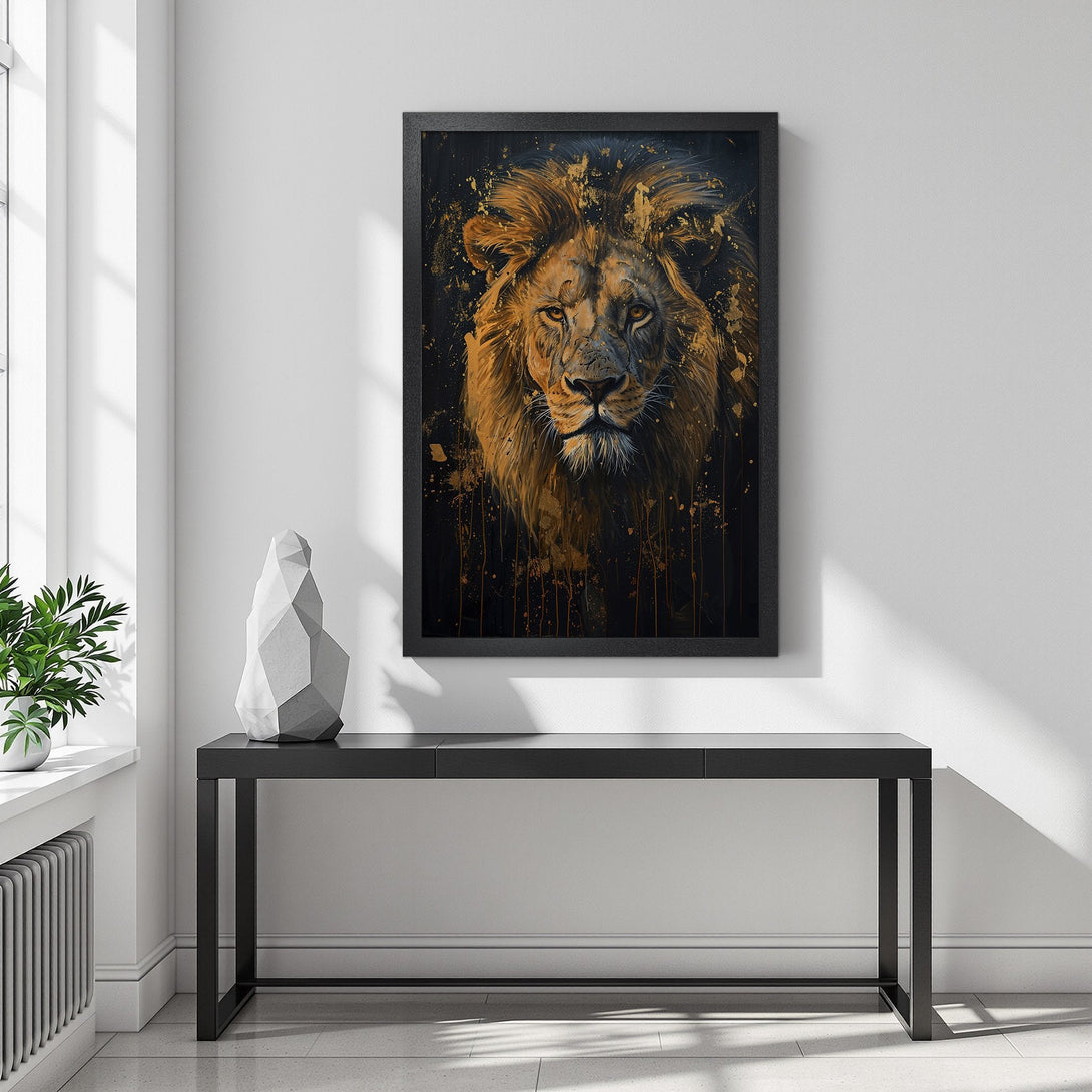 Framed Poster featuring a majestic lion, artistic style, with gold and black color palette. Add a touch of wild to your decor!
