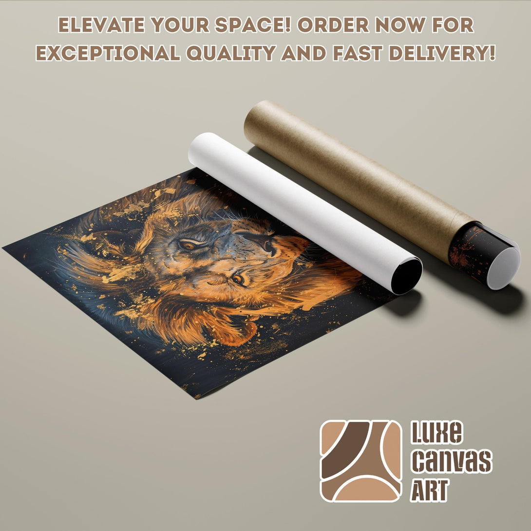 Lion art poster roll. Abstract style with gold and navy color palette. Order your art today!
