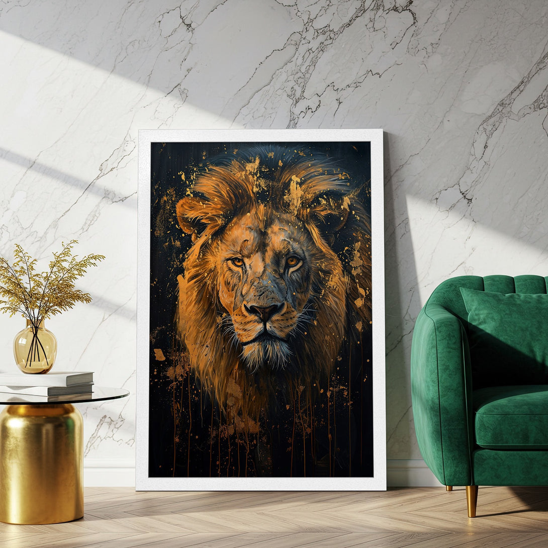 Framed Poster featuring a majestic lion in an abstract style with a gold and black color palette. Elevate your space with this stunning artwork!
