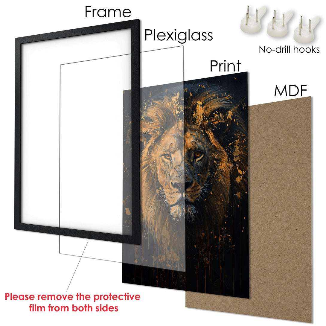 Framed Poster featuring a majestic lion in a gold and black color palette. Modern art style, ready to hang!