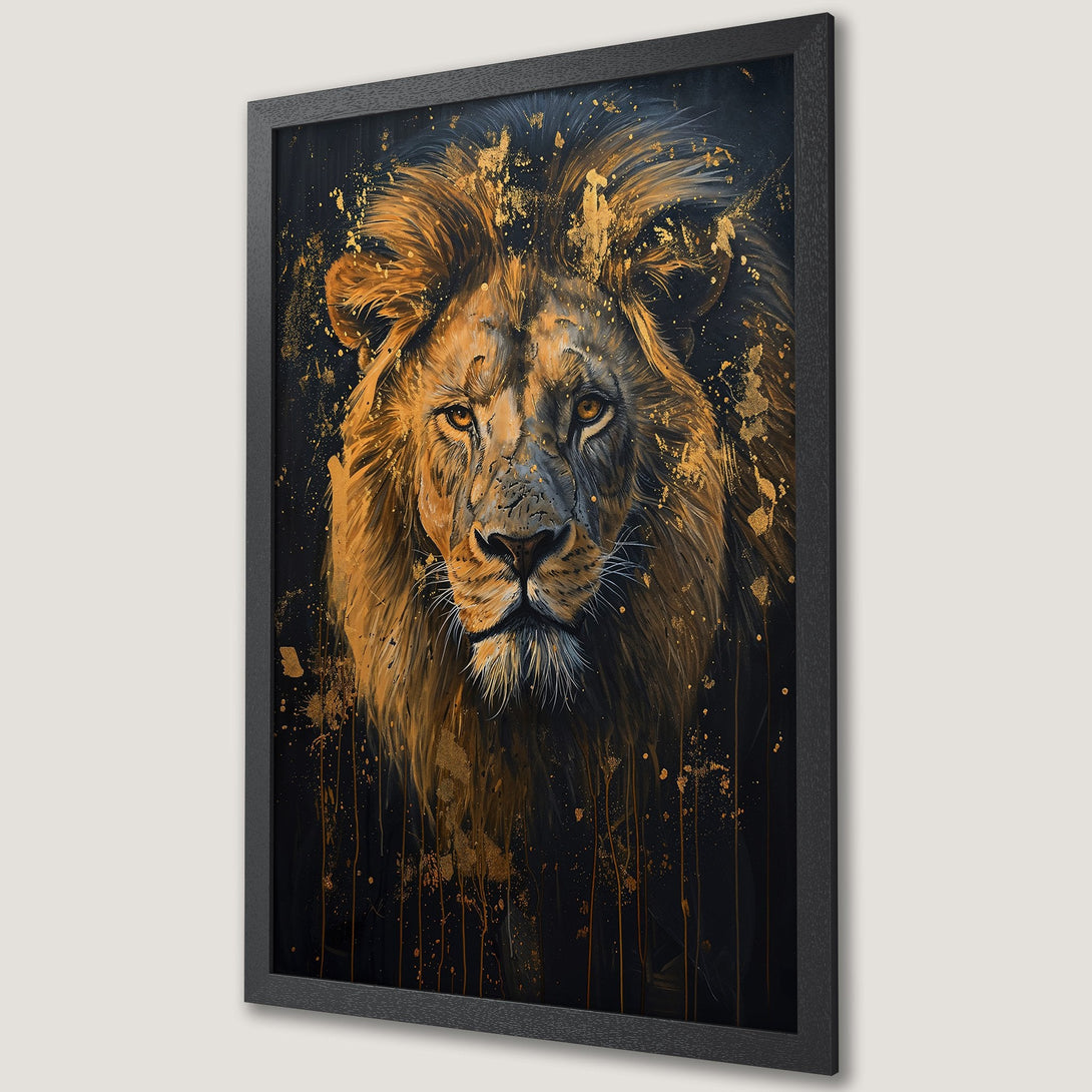 Framed Poster of a majestic lion, artistic style with gold and black color palette, perfect wall art.
