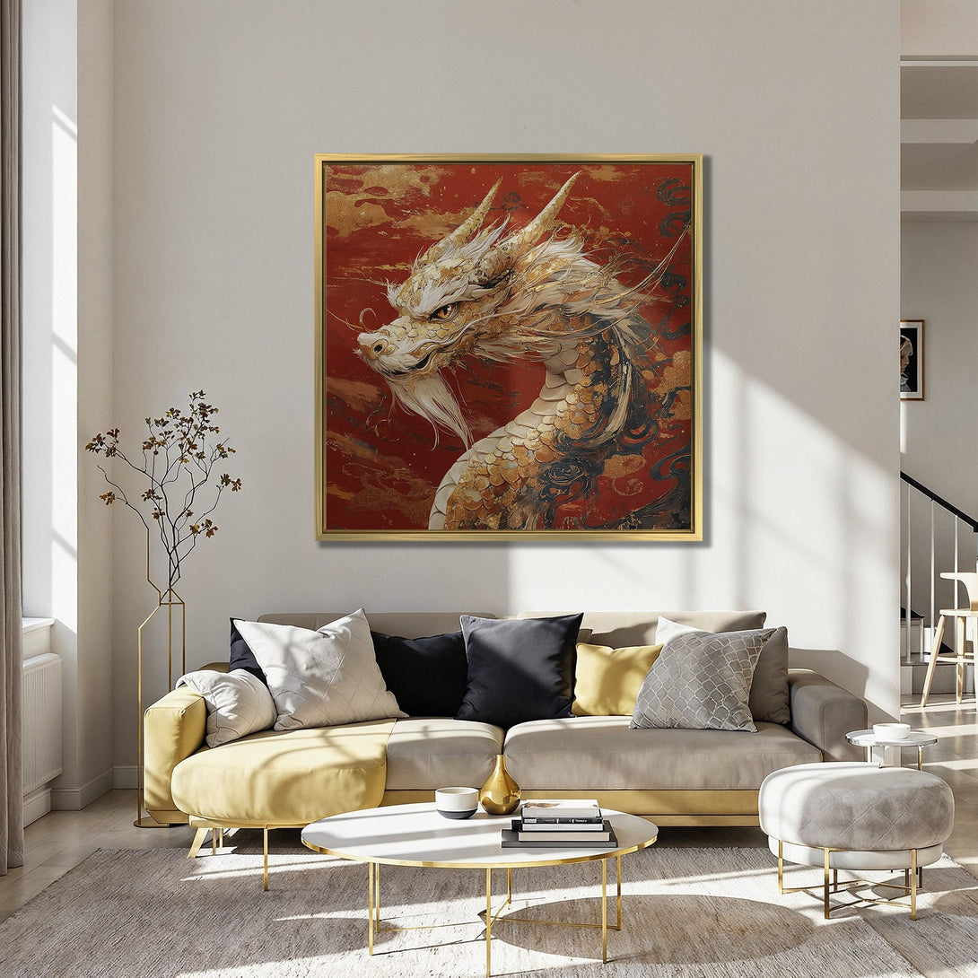 Canvas Print: Majestic dragon art in gold and red. Transform your space with this stunning, Asian-inspired wall art. Perfect for living rooms!