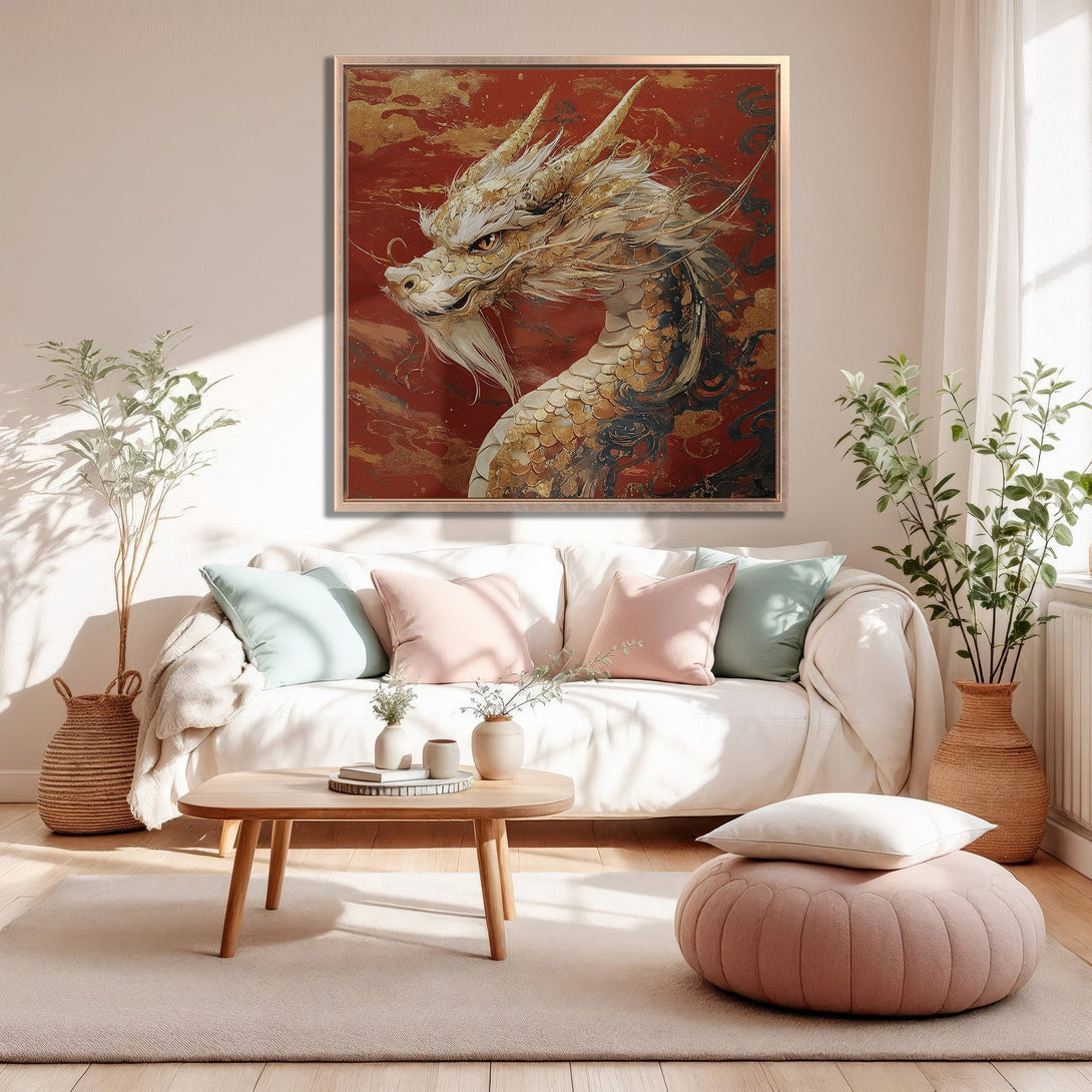 Framed Wall Art: Majestic dragon artwork in a red and gold color palette, adding a touch of Asian-inspired elegance to a modern living room.