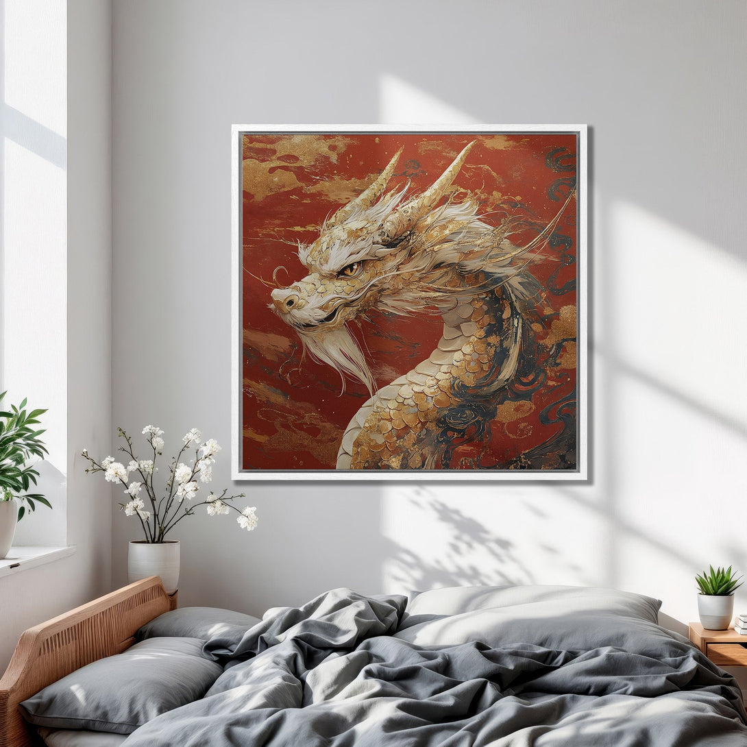 Framed Wall Art: Majestic dragon painting in red and gold tones. Transform your space with this stunning artwork! Perfect for bedroom decor.