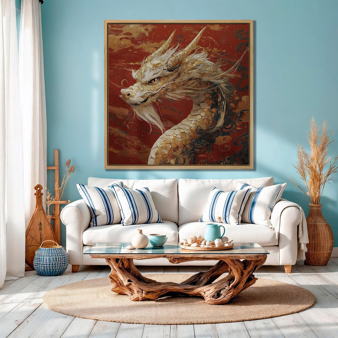 Framed Wall Art featuring a majestic dragon in a vibrant red and gold palette. Elevate your space with this stunning canvas print!
