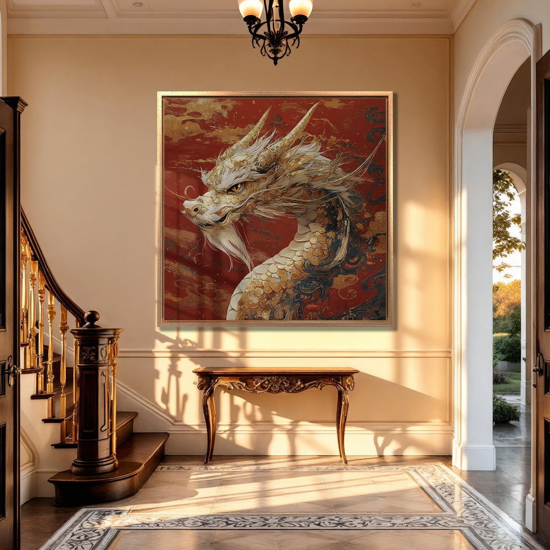 Framed Wall Art: Majestic dragon canvas print in a grand entryway. Features a red, gold, and white color palette, perfect for adding a touch of elegance.