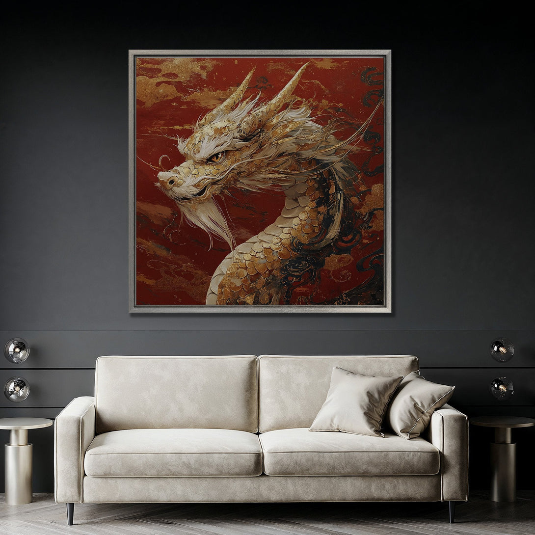 Framed Wall Art: Majestic Asian dragon canvas print in red & gold, perfect for adding a touch of elegance to any room. Transform your space with this stunning artwork!